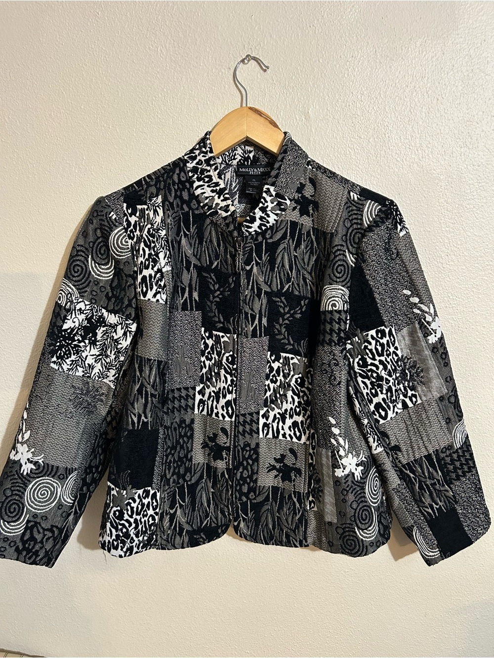 Molly & Maxx Petite Patchwork Blazer Jacket Black White Animal Print Artsy PL